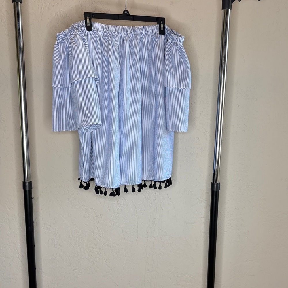 Lane Bryant Light Blue Off-Shoulder Blouse with Navy Tassels
